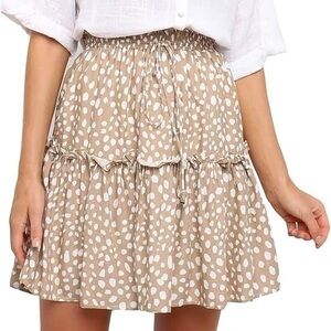 Flared Short Skirt Polka Dot Pleated Mini Skirt with Drawstring Brown and White